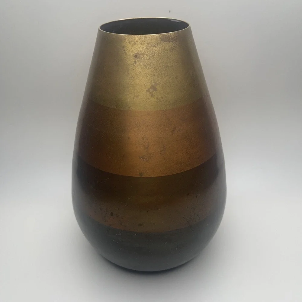 Crate & Barrel Copper Vase Mixed‎ Metal Tone Modernist Horizontal Stripes IS AS
